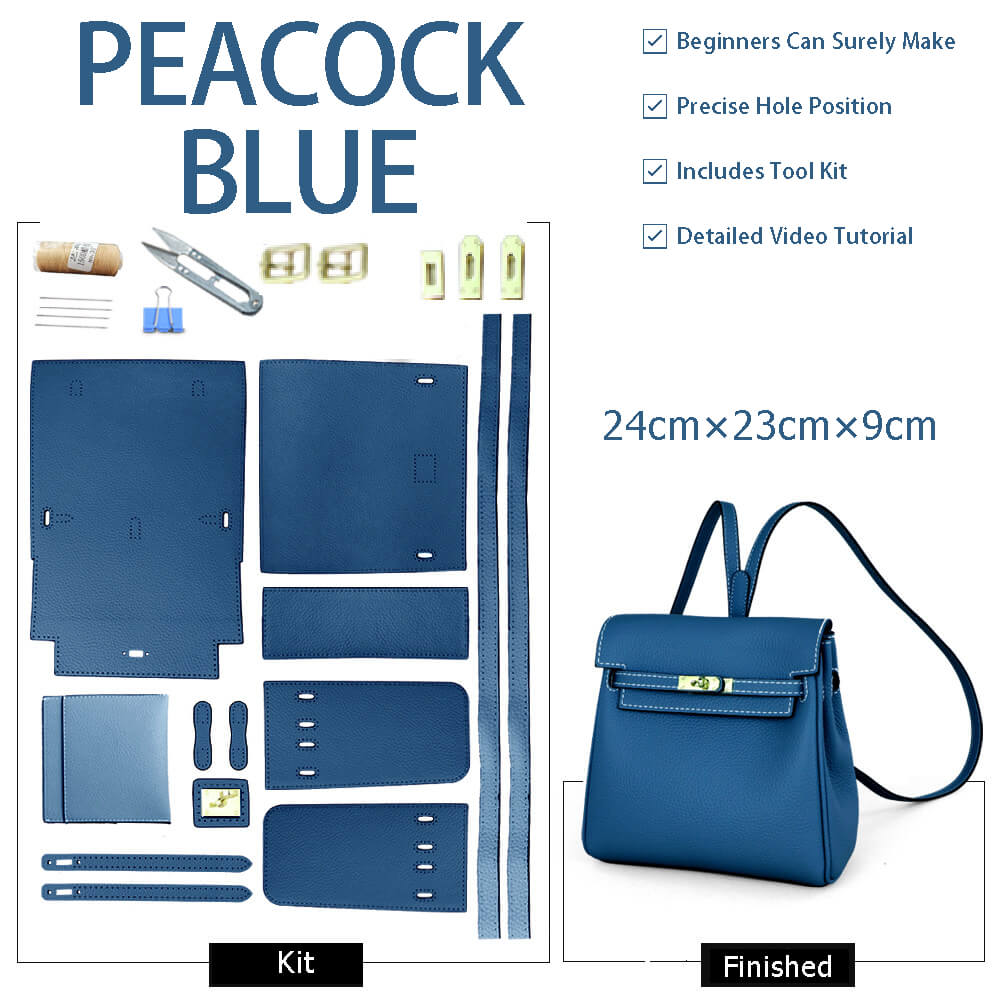 Kelly-Style Leather Backpack DIY Kit – Babylon Leather - Babylon LeatherBabylon LeatherSY12-Peacock Blue-Gold-Color-Matched