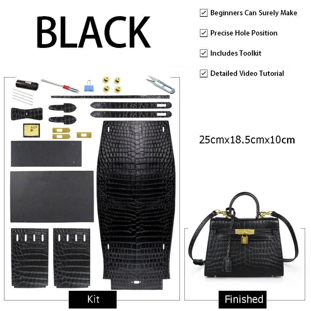 Kelly - Style Leather Bag DIY Kit with Crocodile Pattern Leather – Babylon Leather - Babylon LeatherBabylon LeatherSY29 - Black - Gold - Color - Matched