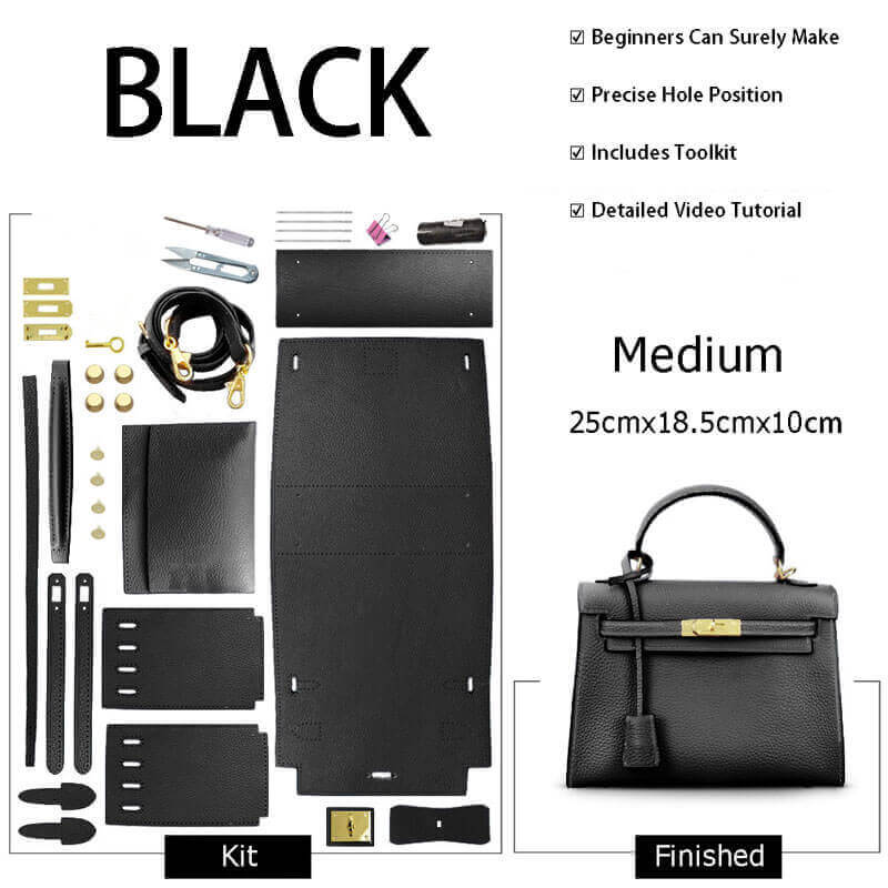 Kelly - Style Leather Bag DIY Kit with Lychee Pattern Leather – Babylon Leather - Babylon LeatherBabylon LeatherSY34 - Lychee - Black - Medium - Gold & Color - Matched