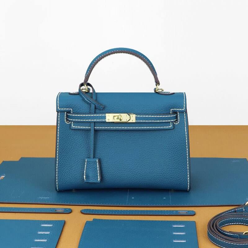 Kelly - Style Leather Bag DIY Kit with Lychee Pattern Leather – Babylon Leather - Babylon LeatherBabylon LeatherSY34-Lychee-Peacock Blue-Large-Gold & White