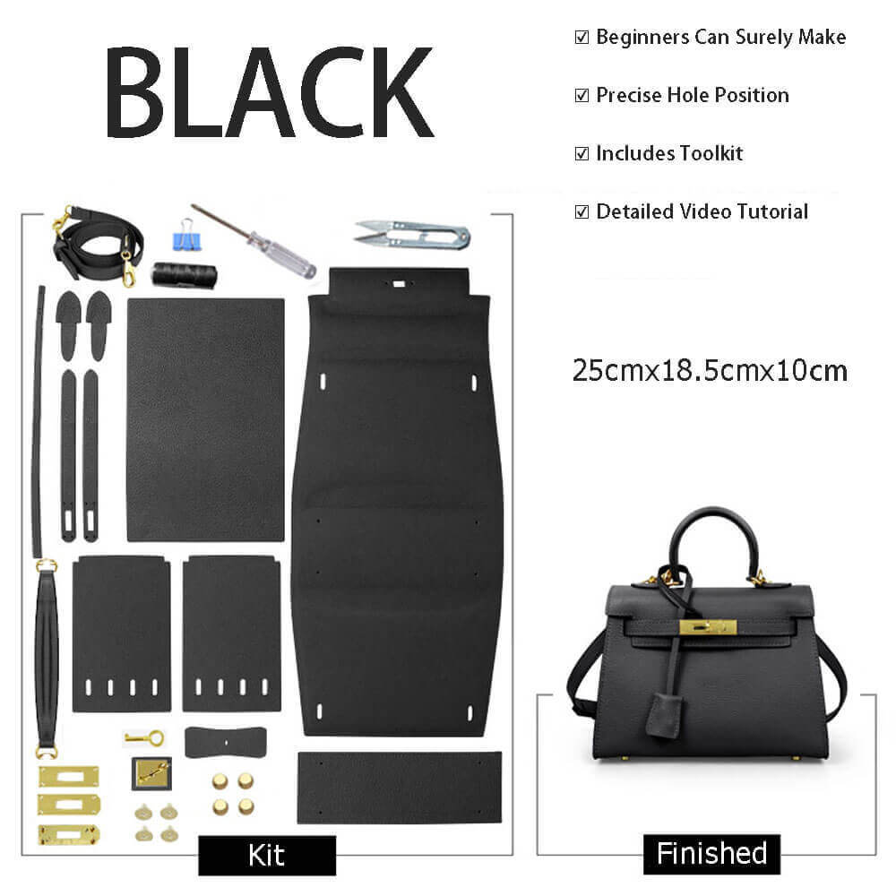 Kelly - Style Leather Bag DIY Kit with Togo Leather – Babylon Leather - Babylon LeatherBabylon LeatherSY36-Togo-Black-Gold-Color-Matched