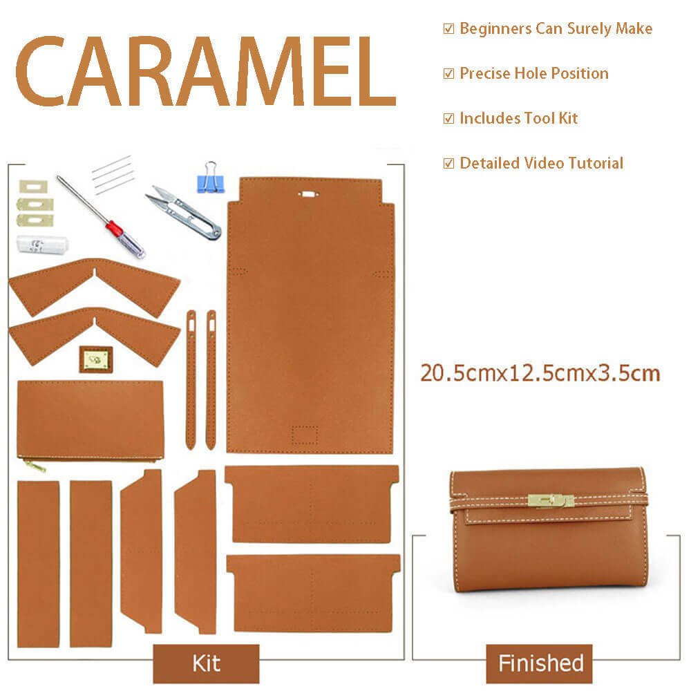 Kelly - Style Leather Clutch Handbag DIY Kit – Babylon Leather - Babylon LeatherBabylon LeatherSY21 - Caramel - With Strap Insert Bag - Color - Matched
