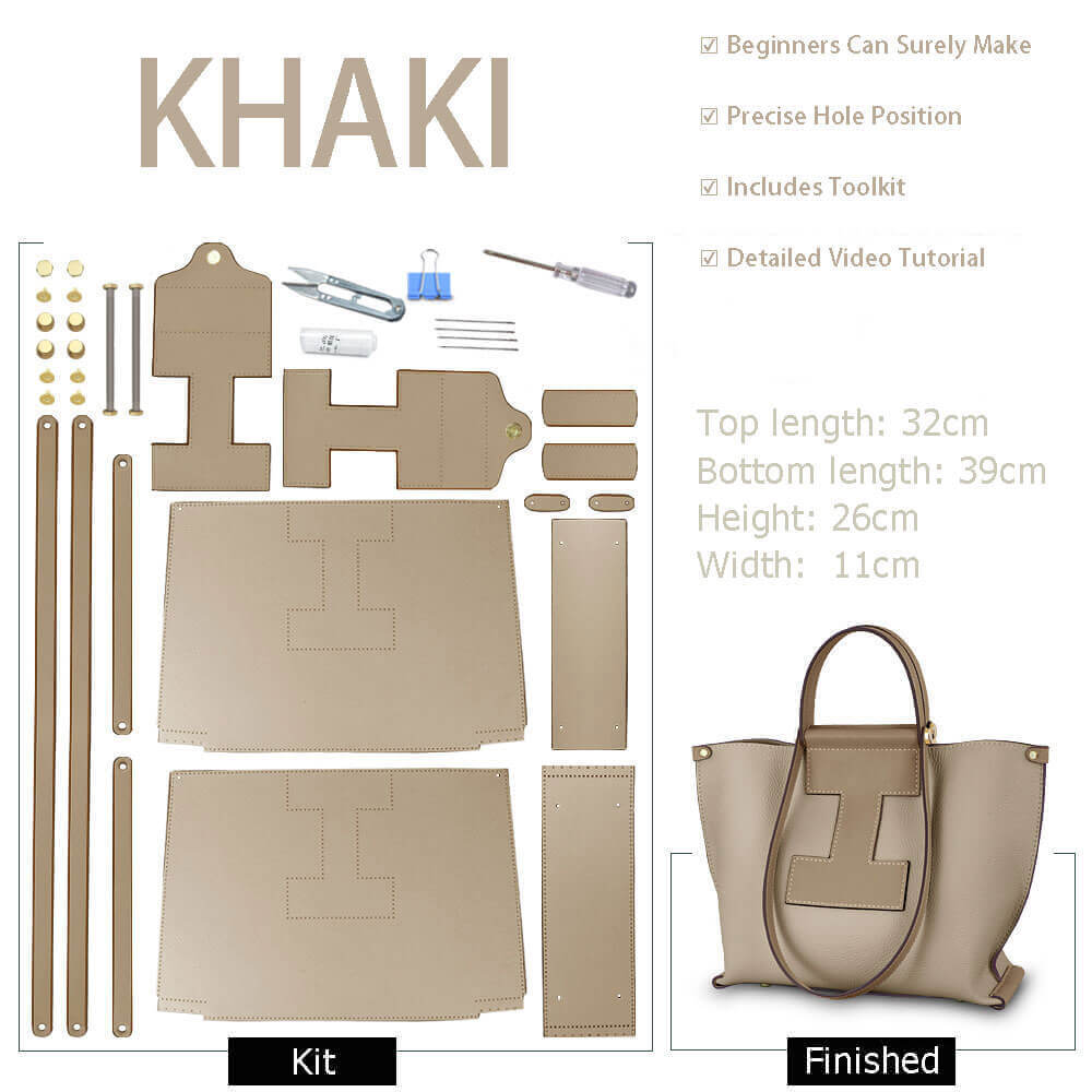 Large Magnetic Clasp Leather Tote Bag DIY Kit – Babylon Leather - Babylon LeatherBabylon LeatherSY67-Khaki-White