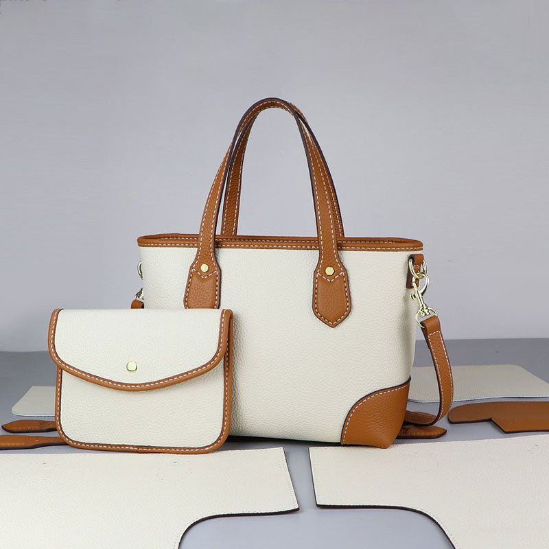 Leather Tote Bag Set DIY Sewing Kit – Babylon Leather - Babylon LeatherBabylon LeatherSY43 - Matching Color - Lychee Pattern Leather - White & Caramel