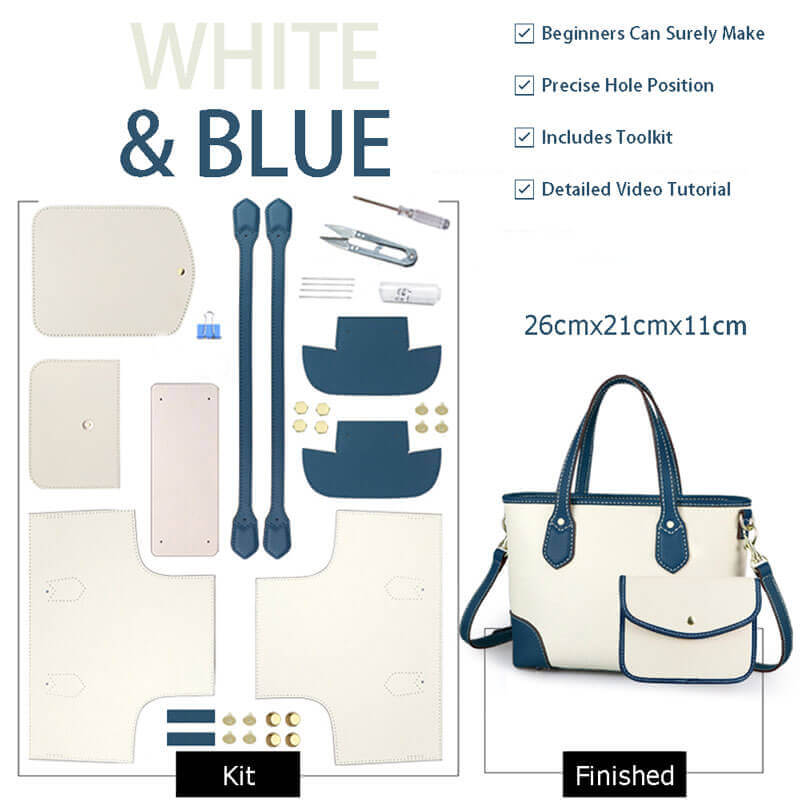 Leather Tote Bag Set DIY Sewing Kit – Babylon Leather - Babylon LeatherBabylon LeatherSY43-White & Blue-White