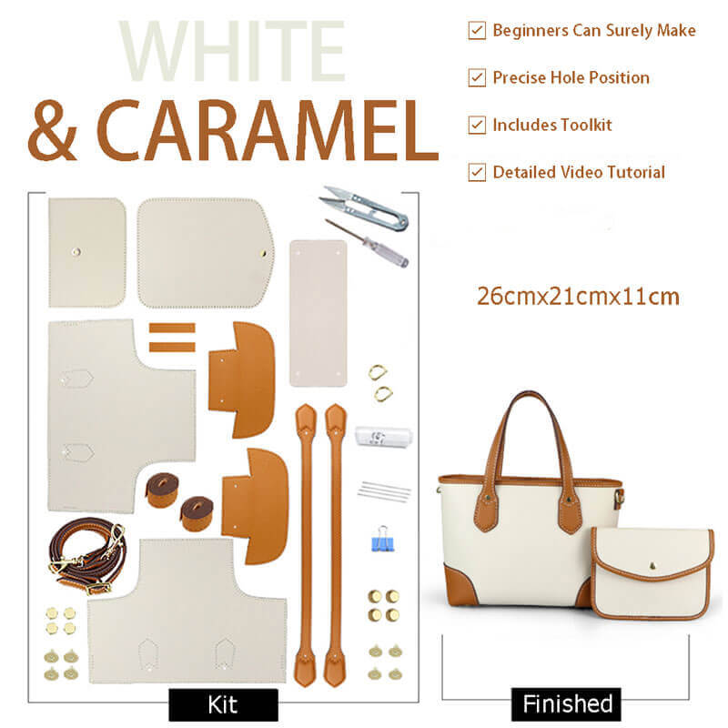 Leather Tote Bag Set DIY Sewing Kit – Babylon Leather - Babylon LeatherBabylon LeatherSY43-White & Caramel-White