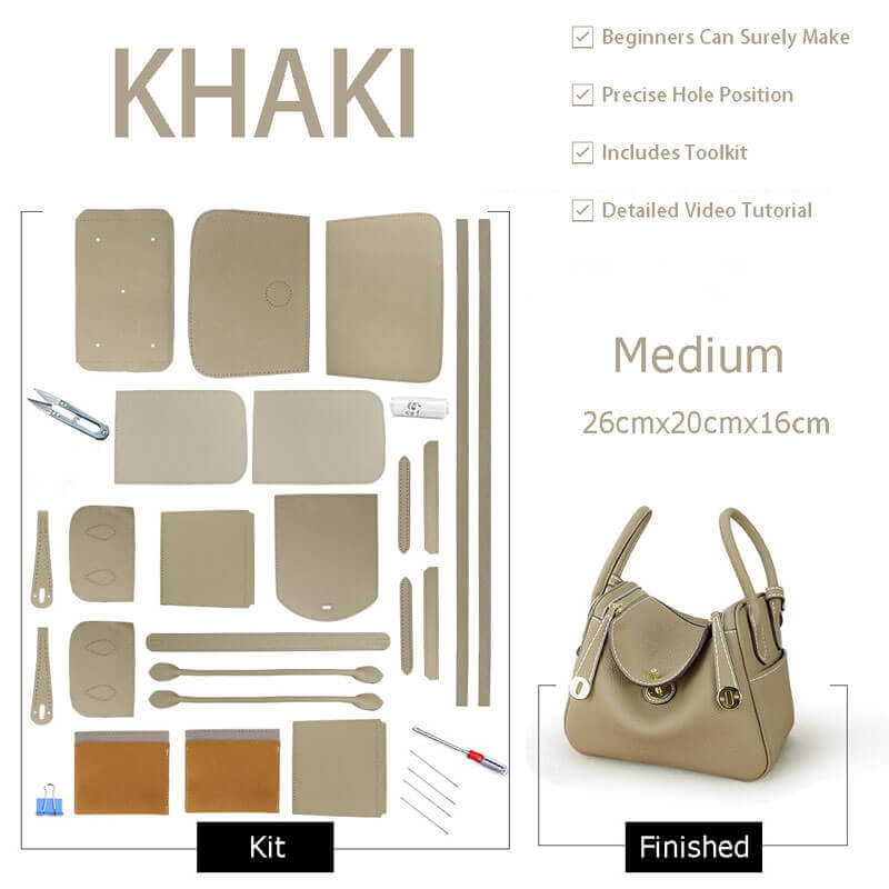 Lindy - Style Leather Bag DIY Craft Kit - Babylon Leather - Babylon LeatherBabylon LeatherSY06 - Khaki - Medium - Gold & White
