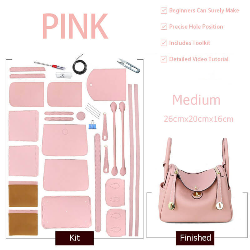 Lindy - Style Leather Bag DIY Craft Kit - Babylon Leather - Babylon LeatherBabylon LeatherSY06 - Pink - Medium - Gold & White