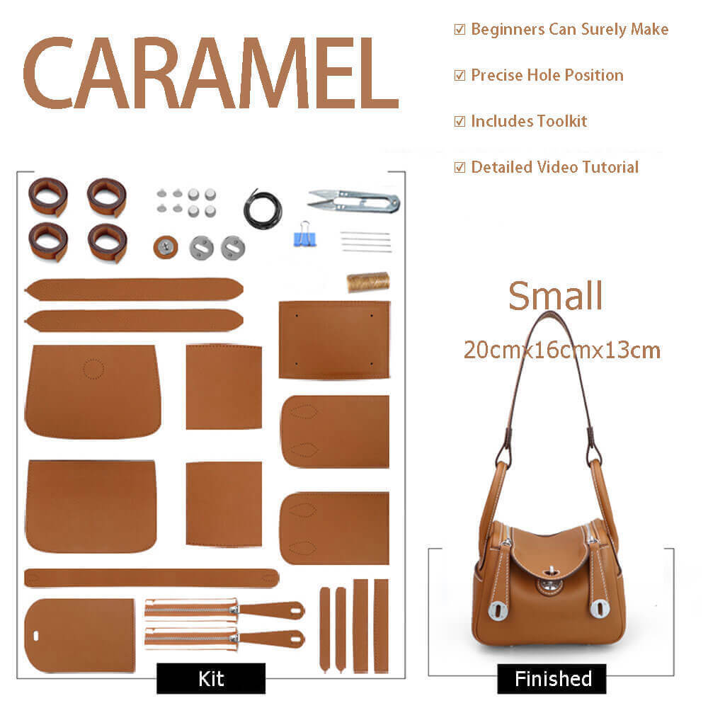 Lindy - Style Leather Bag DIY Kit with Oblique Holes – Babylon Leather - Babylon LeatherBabylon LeatherSY106-Caramel-Small-Gold & White