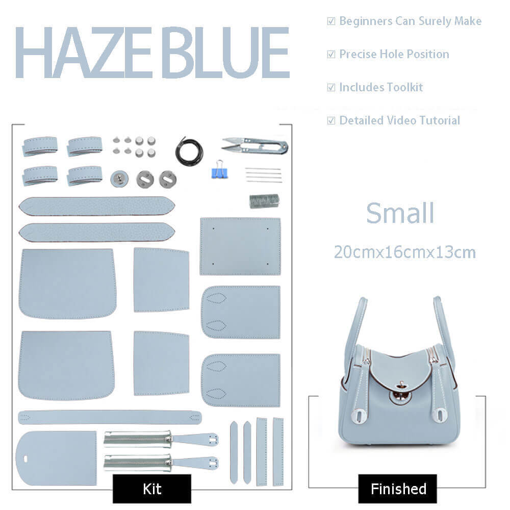 Lindy - Style Leather Bag DIY Kit with Oblique Holes – Babylon Leather - Babylon LeatherBabylon LeatherSY106-Haze Blue-Small-Gold & White