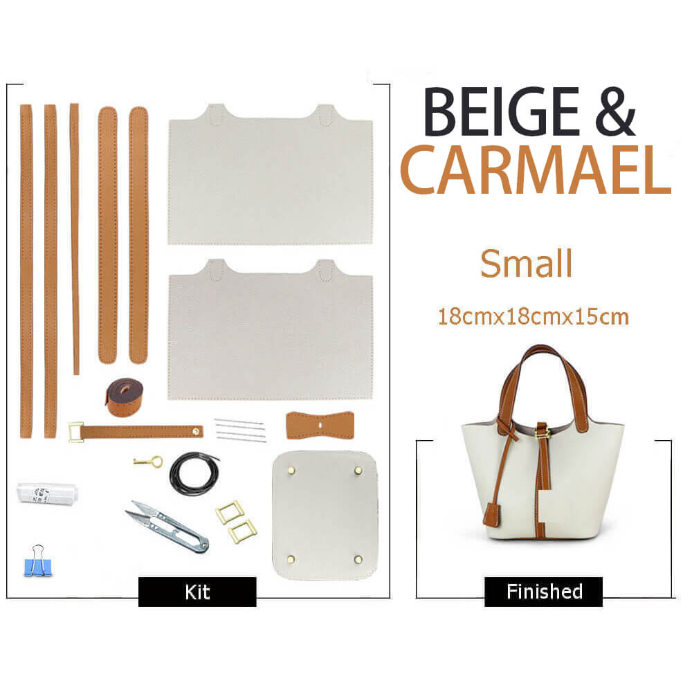 Lined Leather Picotin Bag DIY Kit – Babylon Leather - Babylon LeatherBabylon LeatherSY01-Lined-Beige & Caramel-Small-Gold & White