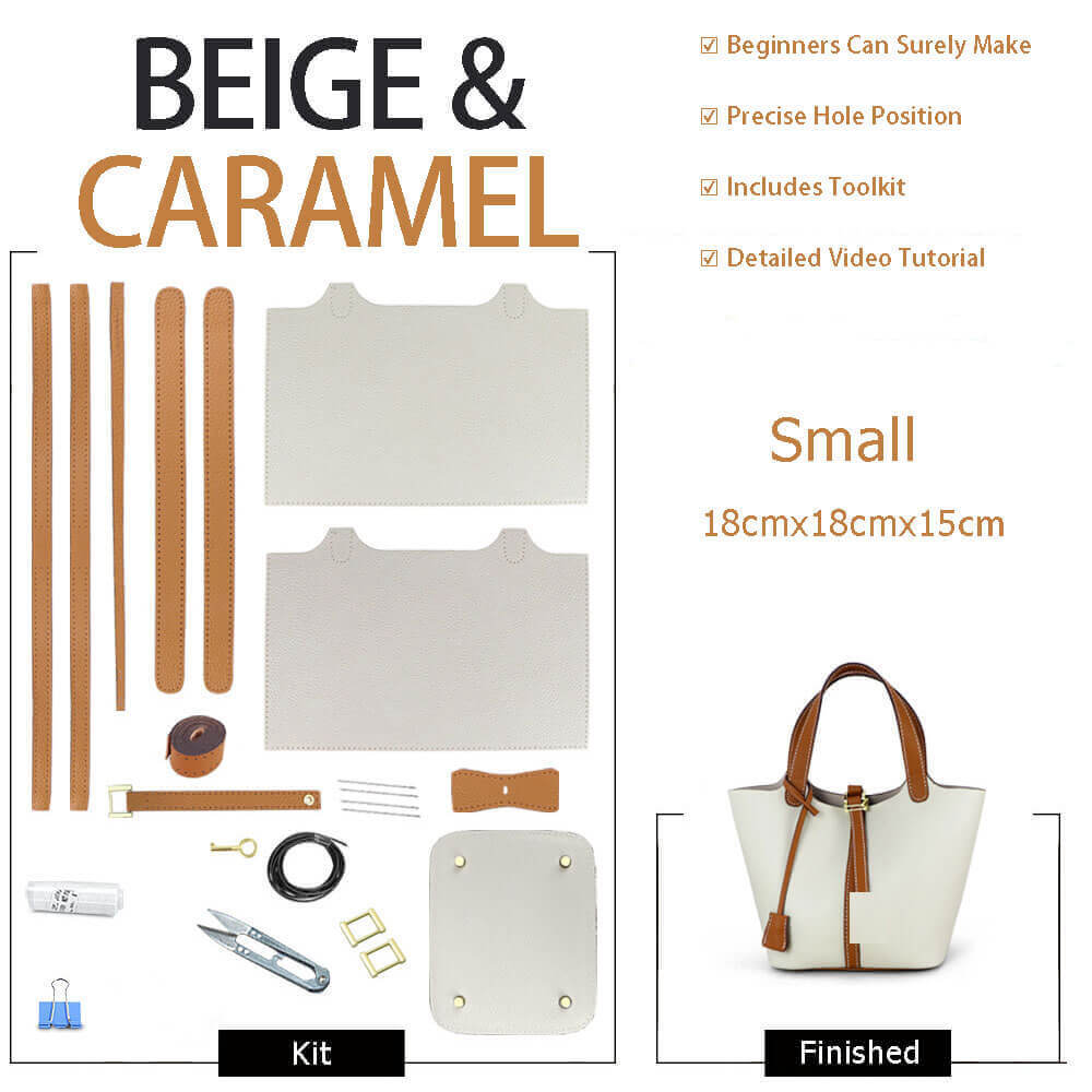 Lined Leather Picotin Bag DIY Kit – Babylon Leather - Babylon LeatherBabylon LeatherSY01 - Lined - Beige & Caramel - Small - Silver & Color - Matched