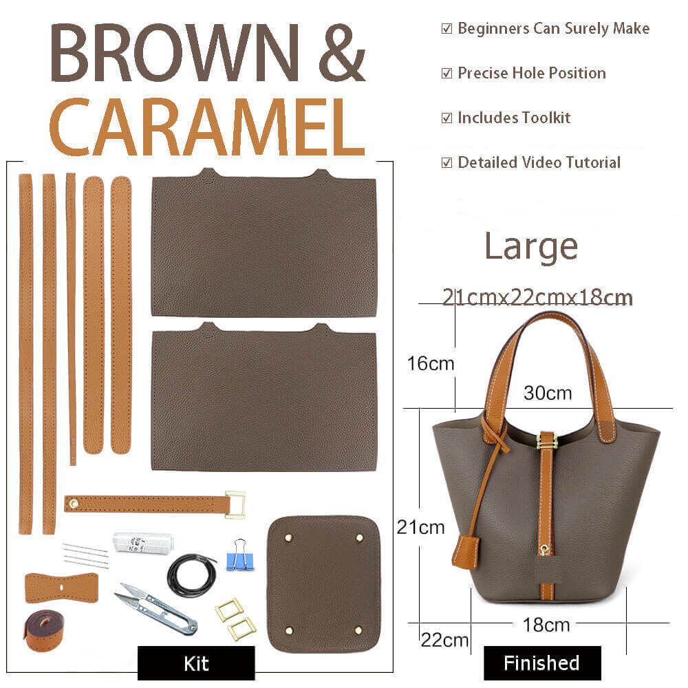 Lined Leather Picotin Bag DIY Kit – Babylon Leather - Babylon LeatherBabylon LeatherSY01 - Lined - Brown & Caramel - Large - Gold & White
