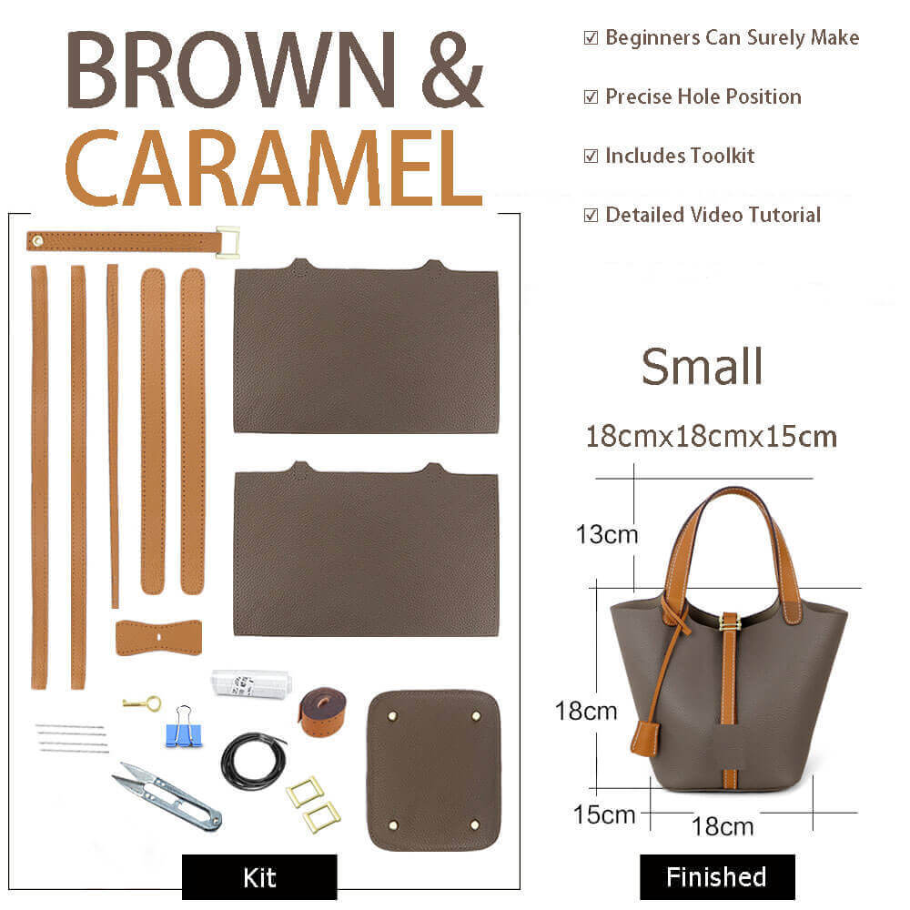 Lined Leather Picotin Bag DIY Kit – Babylon Leather - Babylon LeatherBabylon LeatherSY01 - Lined - Brown & Caramel - Small - Gold & White