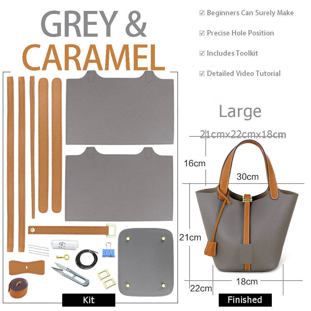 Lined Leather Picotin Bag DIY Kit – Babylon Leather - Babylon LeatherBabylon LeatherSY01 - Lined - Grey & Caramel - Large - Gold & White