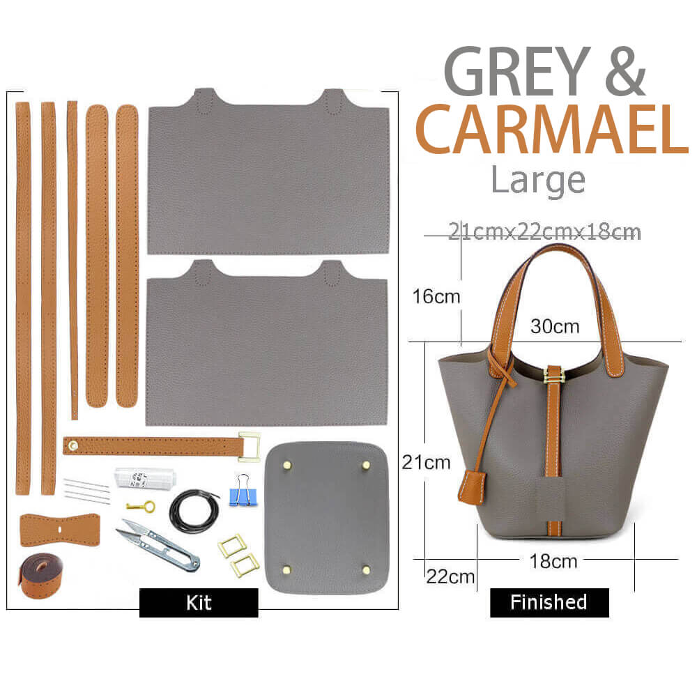 Lined Leather Picotin Bag DIY Kit – Babylon Leather - Babylon LeatherBabylon LeatherSY01-Lined-Grey & Caramel-Large-Gold & White