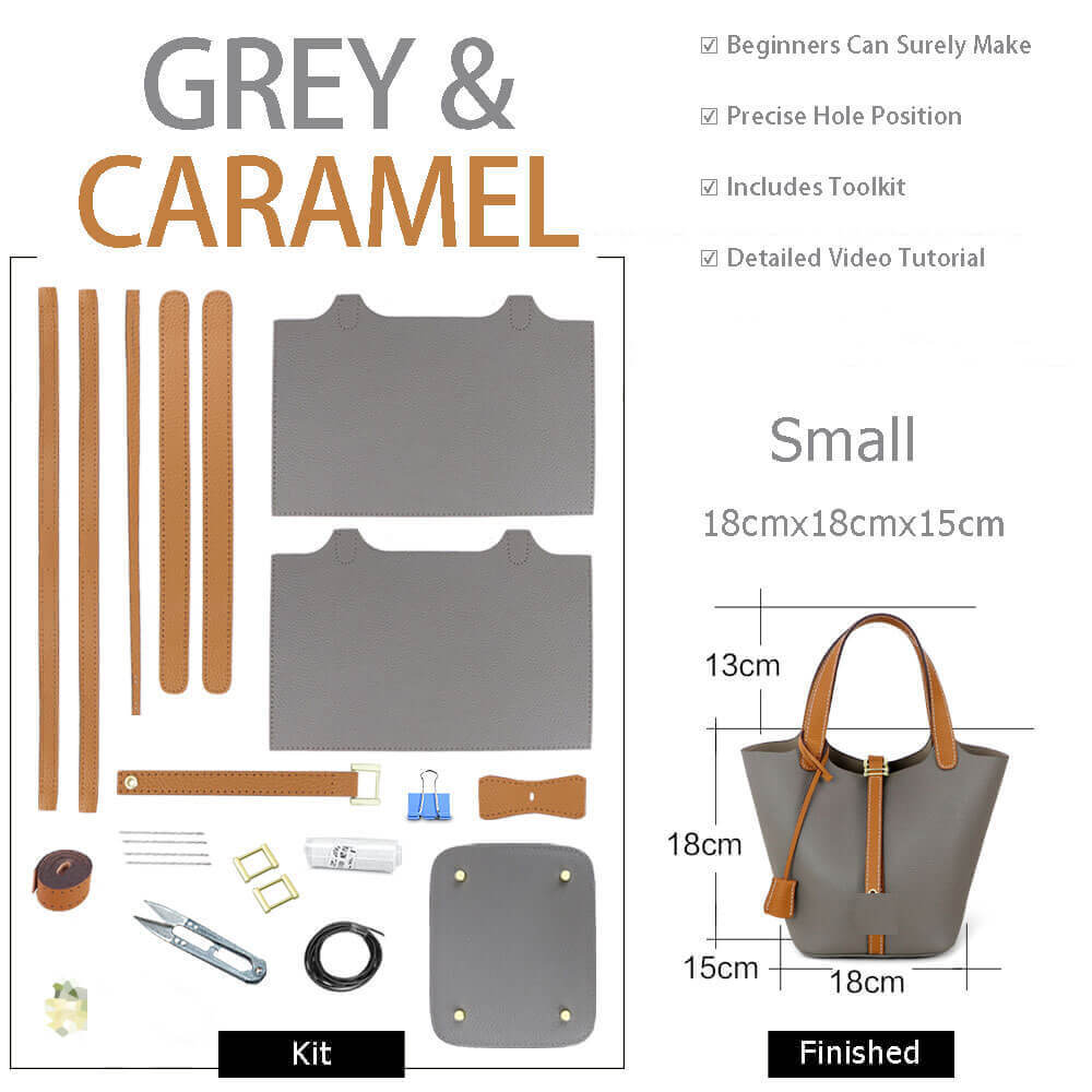 Lined Leather Picotin Bag DIY Kit – Babylon Leather - Babylon LeatherBabylon LeatherSY01 - Lined - Grey & Caramel - Small - Gold & White