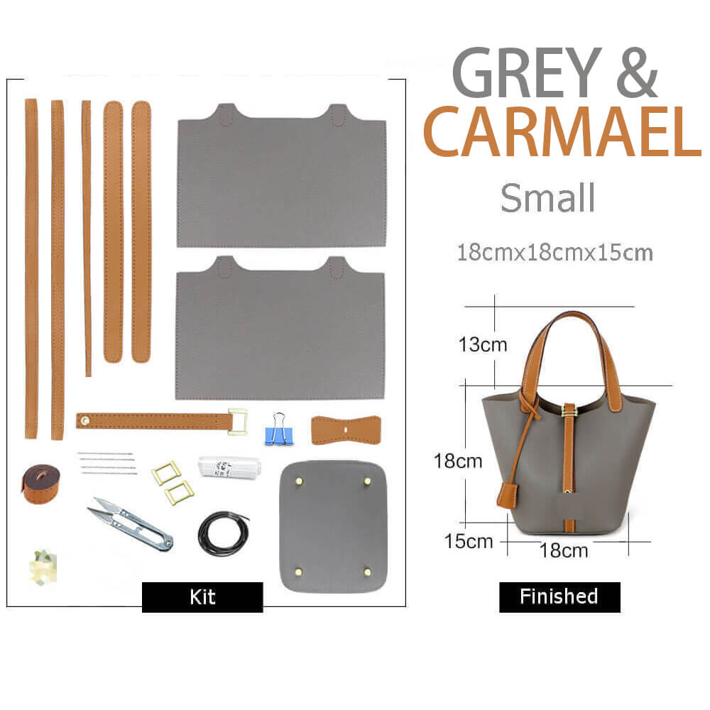 Lined Leather Picotin Bag DIY Kit – Babylon Leather - Babylon LeatherBabylon LeatherSY01-Lined-Grey & Caramel-Small-Gold & White