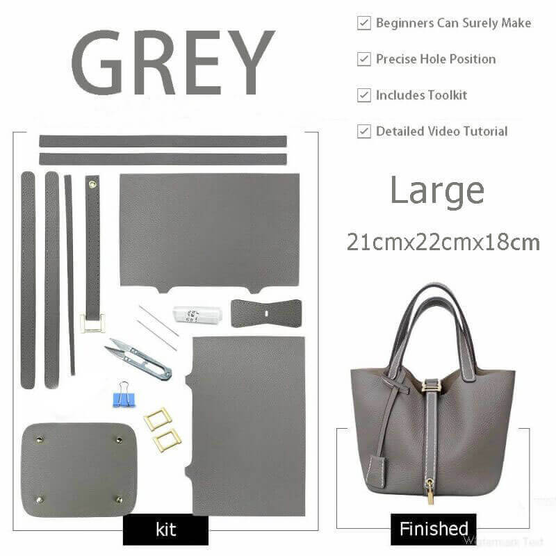 Lined Leather Picotin Bag DIY Kit – Babylon Leather - Babylon LeatherBabylon LeatherSY01 - Lined - Grey - Large - Gold & White
