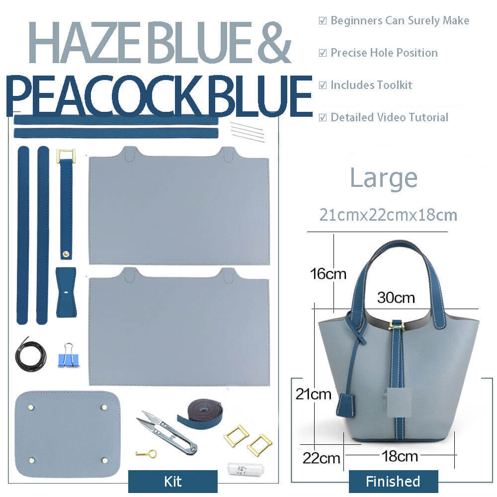 Lined Leather Picotin Bag DIY Kit – Babylon Leather - Babylon LeatherBabylon LeatherSY01-Lined-Haze Blue & Peacock Blue-Large-Gold & White