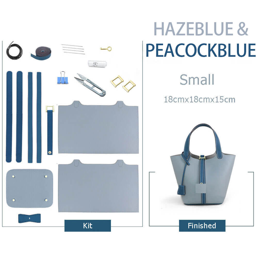 Lined Leather Picotin Bag DIY Kit – Babylon Leather - Babylon LeatherBabylon LeatherSY01-Lined-Haze Blue & Peacock Blue-Small-Gold & White