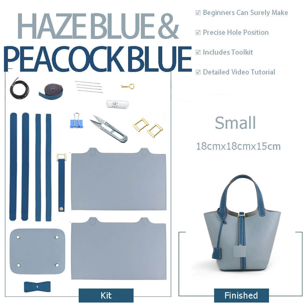 Lined Leather Picotin Bag DIY Kit – Babylon Leather - Babylon LeatherBabylon LeatherSY01-Lined-Haze Blue-Small & Peacock Blue-Silver & Color-Matched