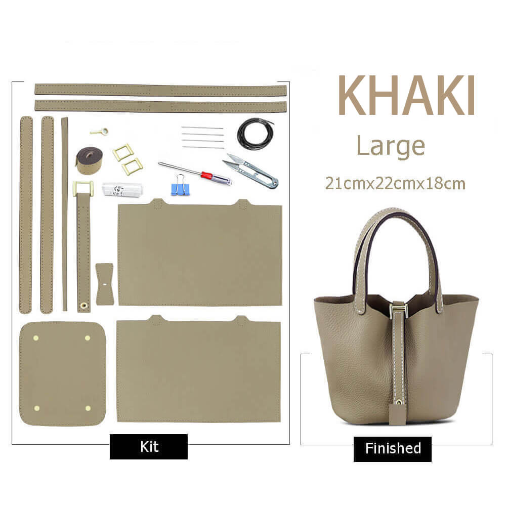 Lined Leather Picotin Bag DIY Kit – Babylon Leather - Babylon LeatherBabylon LeatherSY01-Lined-Khaki-Large-Gold & White
