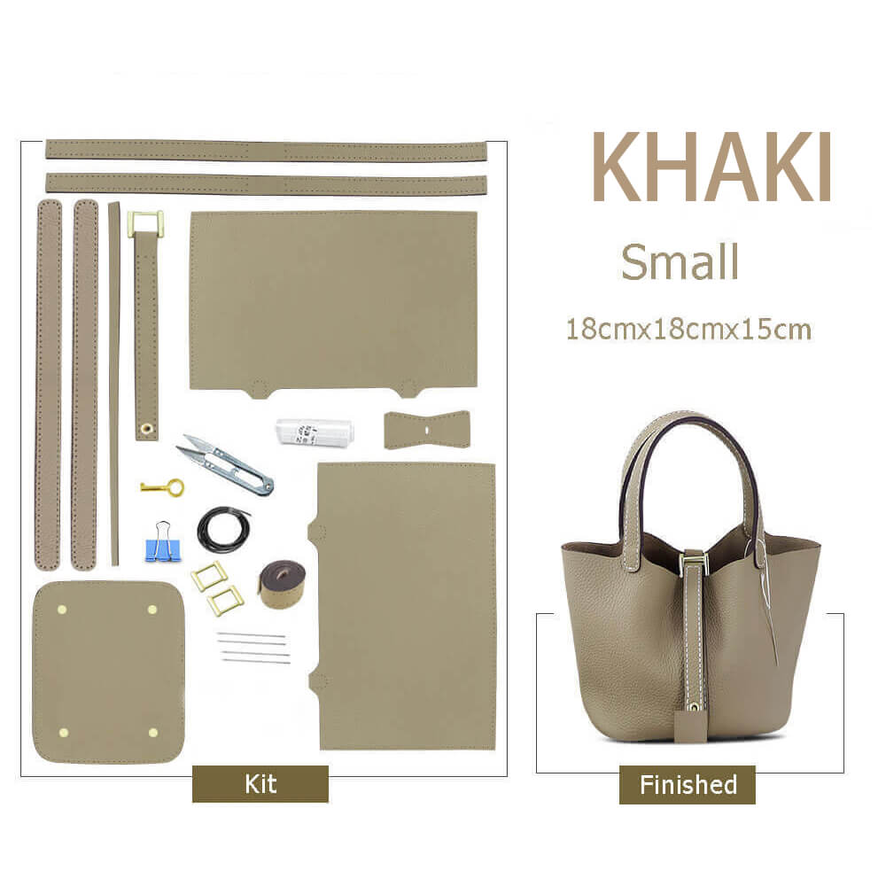 Lined Leather Picotin Bag DIY Kit – Babylon Leather - Babylon LeatherBabylon LeatherSY01-Lined-Khaki-Small-Gold & White
