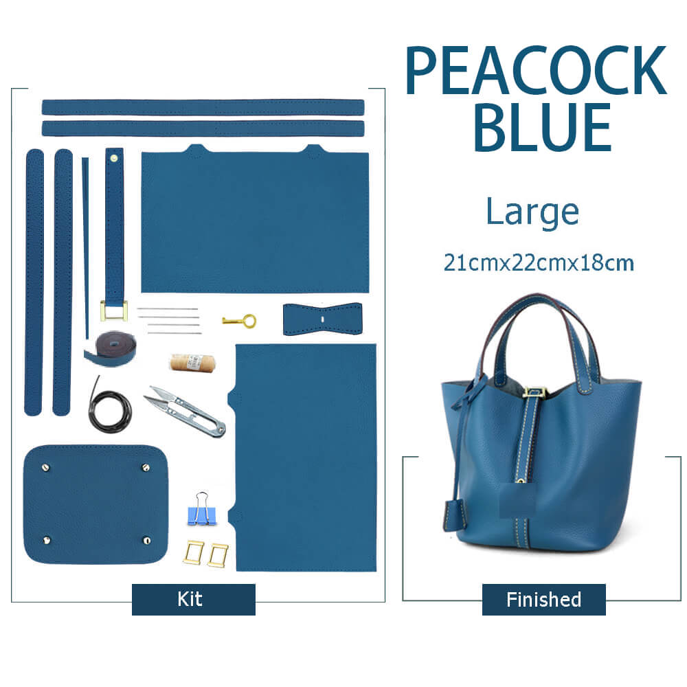 Lined Leather Picotin Bag DIY Kit – Babylon Leather - Babylon LeatherBabylon LeatherSY01-Lined-Peacock Blue-Large-Gold & Color-Matched