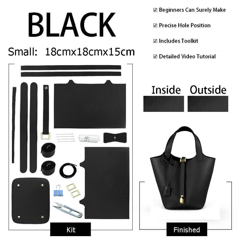 Lined Togo Leather Picotin Bag DIY Kit – Babylon Leather - Babylon LeatherBabylon LeatherSY40-Black-Lined & Small-Gold & Color-Matched