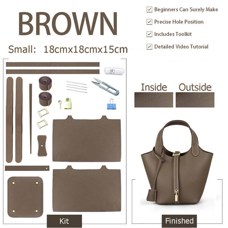 Lined Togo Leather Picotin Bag DIY Kit – Babylon Leather - Babylon LeatherBabylon LeatherSY40-Brown-Lined & Small-Gold & White