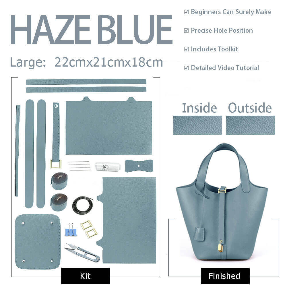 Lined Togo Leather Picotin Bag DIY Kit – Babylon Leather - Babylon LeatherBabylon LeatherSY40-Haze Blue-Lined & Large-Gold & White