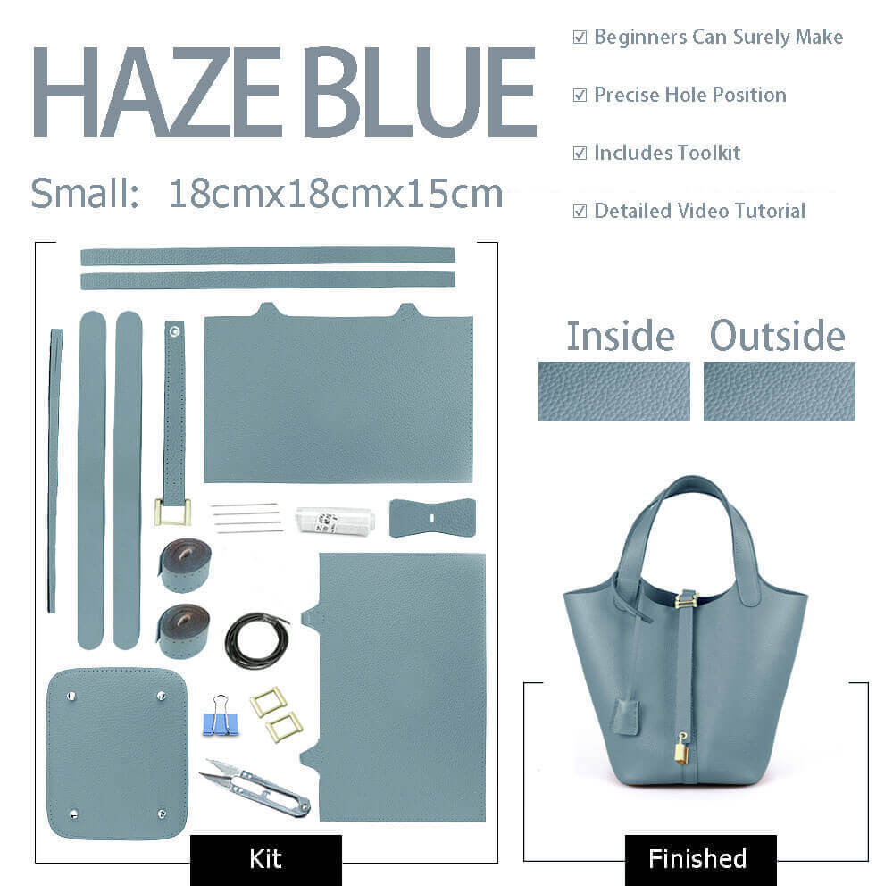 Lined Togo Leather Picotin Bag DIY Kit – Babylon Leather - Babylon LeatherBabylon LeatherSY40-Haze Blue-Lined & Small-Gold & White
