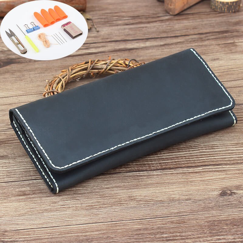 Long Multi-Card Wallet Crazy Horse Leather DIY Kit – Babylon Leather - Babylon LeatherBabylon LeatherCY38-Black