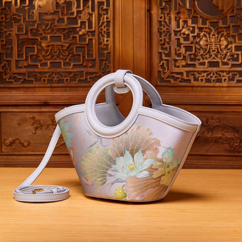Lotus Awakening Leather and Silk Handbag – Babylon Leather - Babylon LeatherBabylon LeatherTX046-Grey
