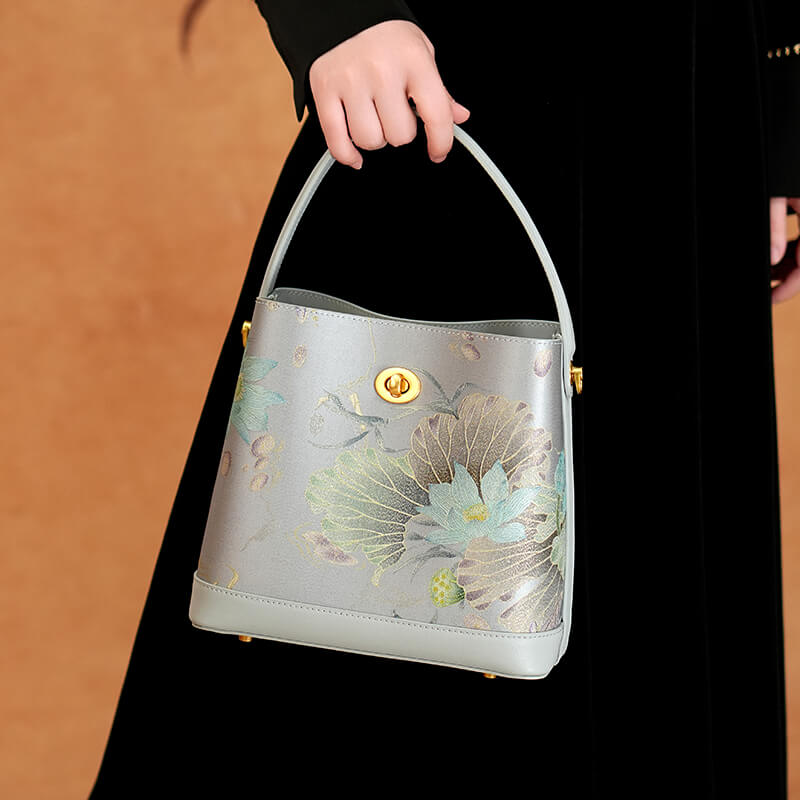 Lotus Awakening Leather and Silk Handbag Handbag – Babylon Leather - Babylon LeatherBabylon LeatherTX205-Green