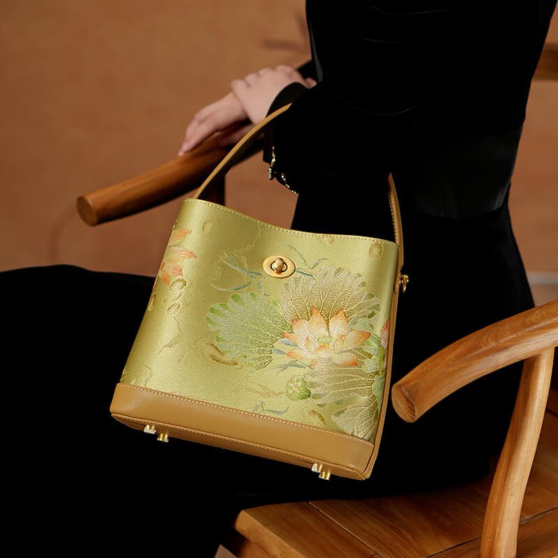 Lotus Awakening Leather and Silk Handbag Handbag – Babylon Leather - Babylon LeatherBabylon LeatherTX205-Green