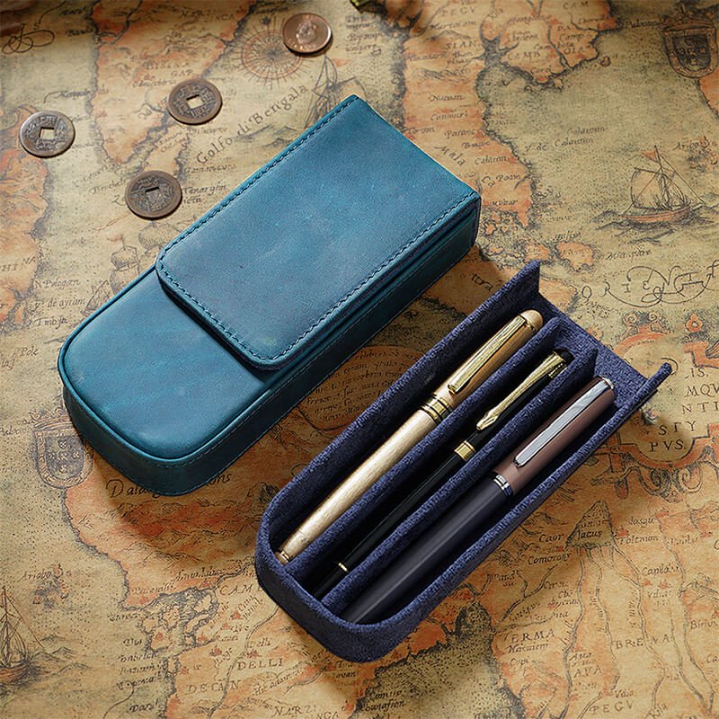 Magnetic Drawer Pen Box 3-Slot Crazy Horse Leather – Babylon Leather - Babylon LeatherBabylon LeatherAN30-Blue