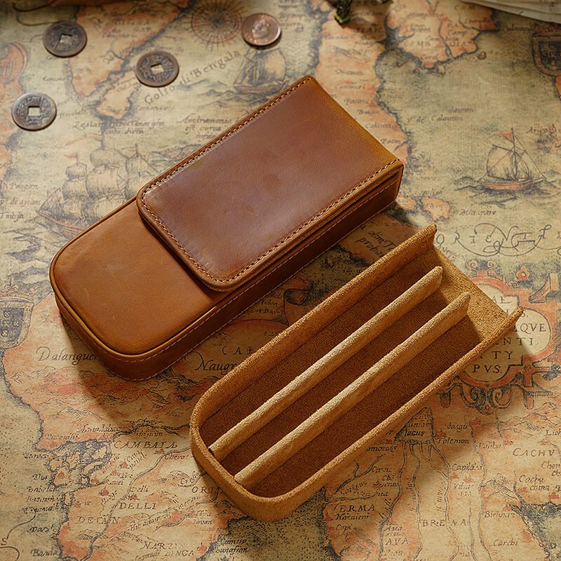 Magnetic Drawer Pen Box 3-Slot Crazy Horse Leather – Babylon Leather - Babylon LeatherBabylon LeatherAN30-Brown