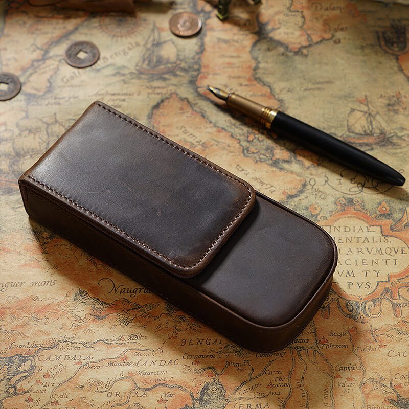 Magnetic Drawer Pen Box 3-Slot Crazy Horse Leather – Babylon Leather - Babylon LeatherBabylon LeatherAN30-Brown