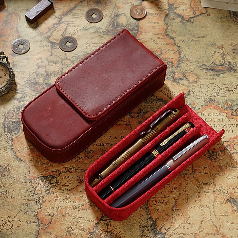 Magnetic Drawer Pen Box 3-Slot Crazy Horse Leather – Babylon Leather - Babylon LeatherBabylon LeatherAN30-Wine Red