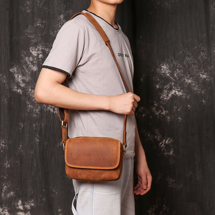 Men’s Crazy Horse Leather Crossbody Shoulder Bag – Babylon Leather - Babylon LeatherBabylon LeatherLJ049 - Coffee