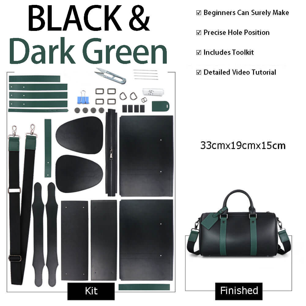 Men’s Leather Boston Bag DIY Kit – Babylon Leather - Babylon LeatherBabylon LeatherSY68-Black & Dark Green-Color-Matched