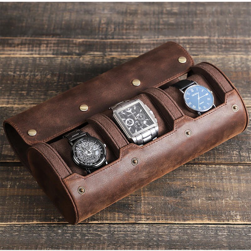Snap-Closure Crazy Horse Leather Watch Roll, 3 Slots – Babylon Leather - Babylon LeatherBabylon LeatherSD13-Coffee