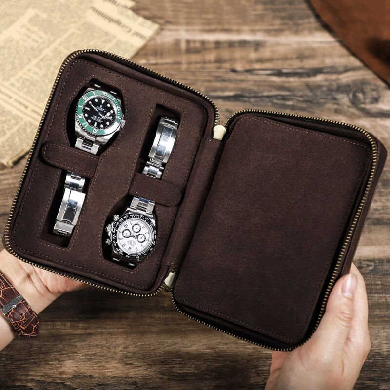 Square Crazy Horse Leather Watch Storage Case 4 Slots – Babylon Leather - Babylon LeatherBabylon LeatherSD08-Coffee
