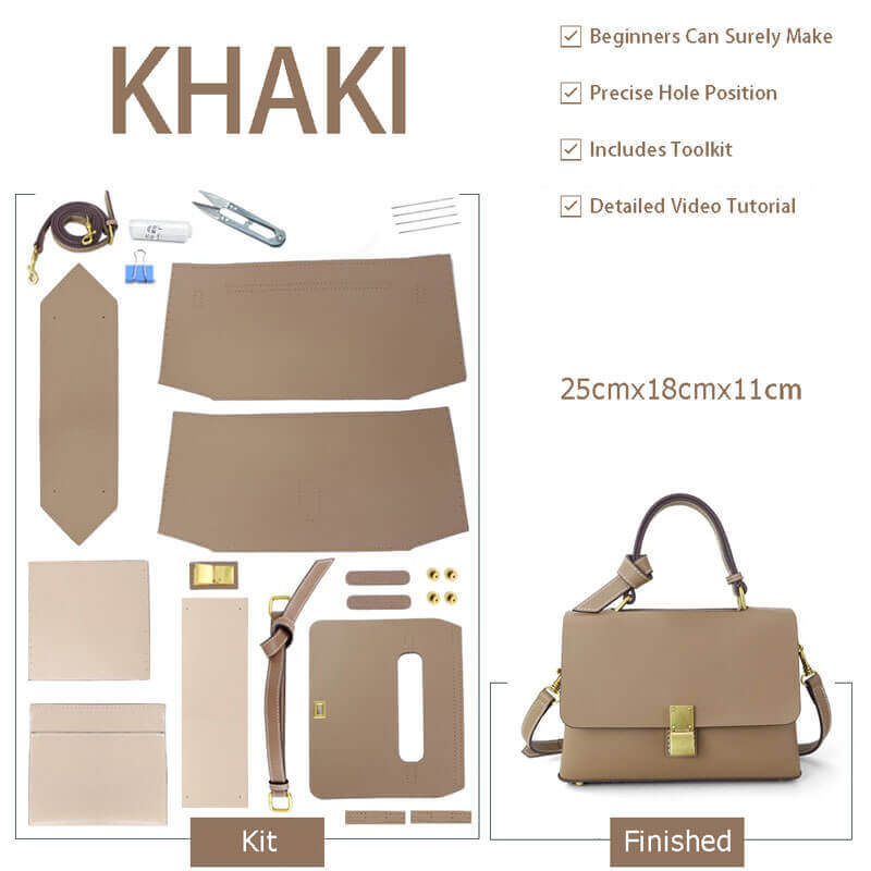 Square Leather Tote Bag DIY Kit for Beginners – Babylon Leather - Babylon LeatherBabylon LeatherSY09 - Khaki - White
