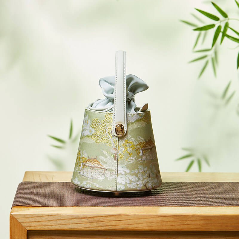 Tranquil Pavilion Leather and Silk Bucket Bag – Babylon Leather - Babylon LeatherBabylon LeatherTX047-Green