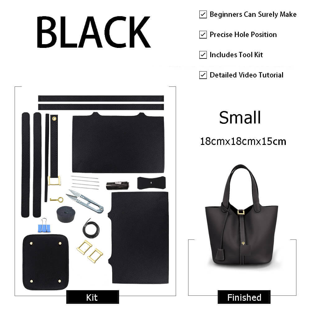Unlined Leather Picotin Bag DIY Kit - Babylon Leather - Babylon LeatherBabylon LeatherSY01-Unlined-Black-Small-Silver & Color-Matched