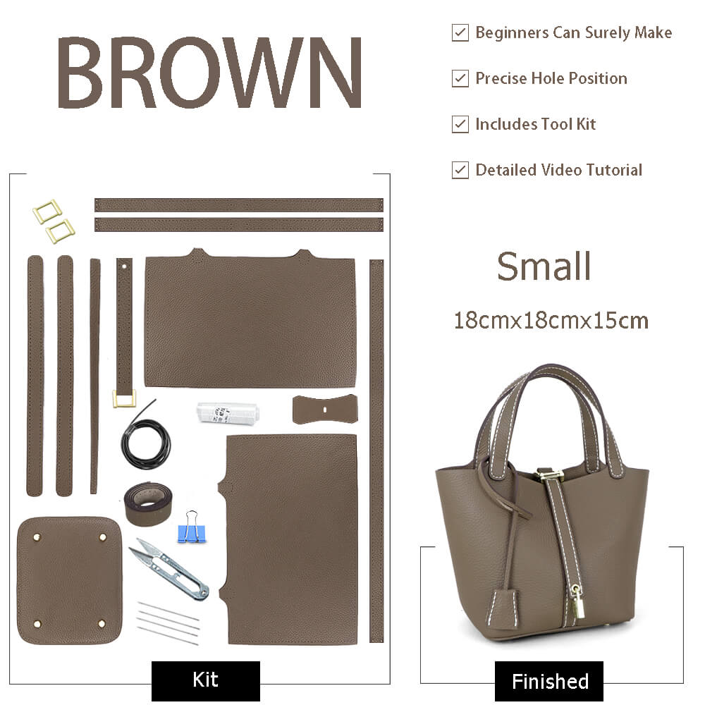 Unlined Leather Picotin Bag DIY Kit - Babylon Leather - Babylon LeatherBabylon LeatherSY01-Unlined-Brown-Small-Gold & Color-Matched