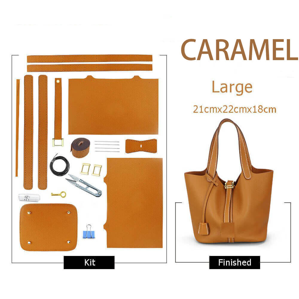 Unlined Leather Picotin Bag DIY Kit - Babylon Leather - Babylon LeatherBabylon LeatherSY01-Unlined-Caramel-Large-Gold & White